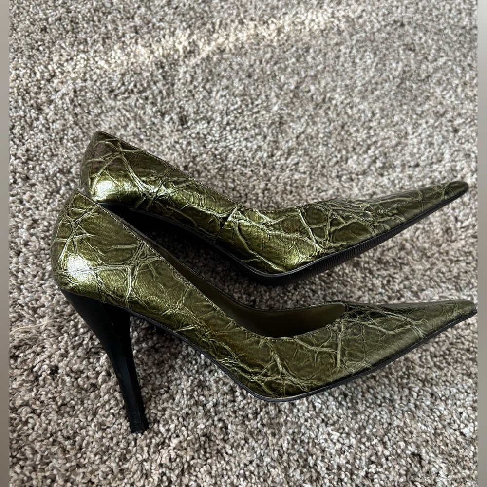 Diba Olive Green Alligator Embossed Pointed Toe Pumps